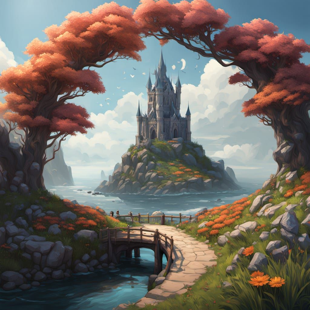 Surreal Coastal Wizard's Tower in a Serene Garden Oasis