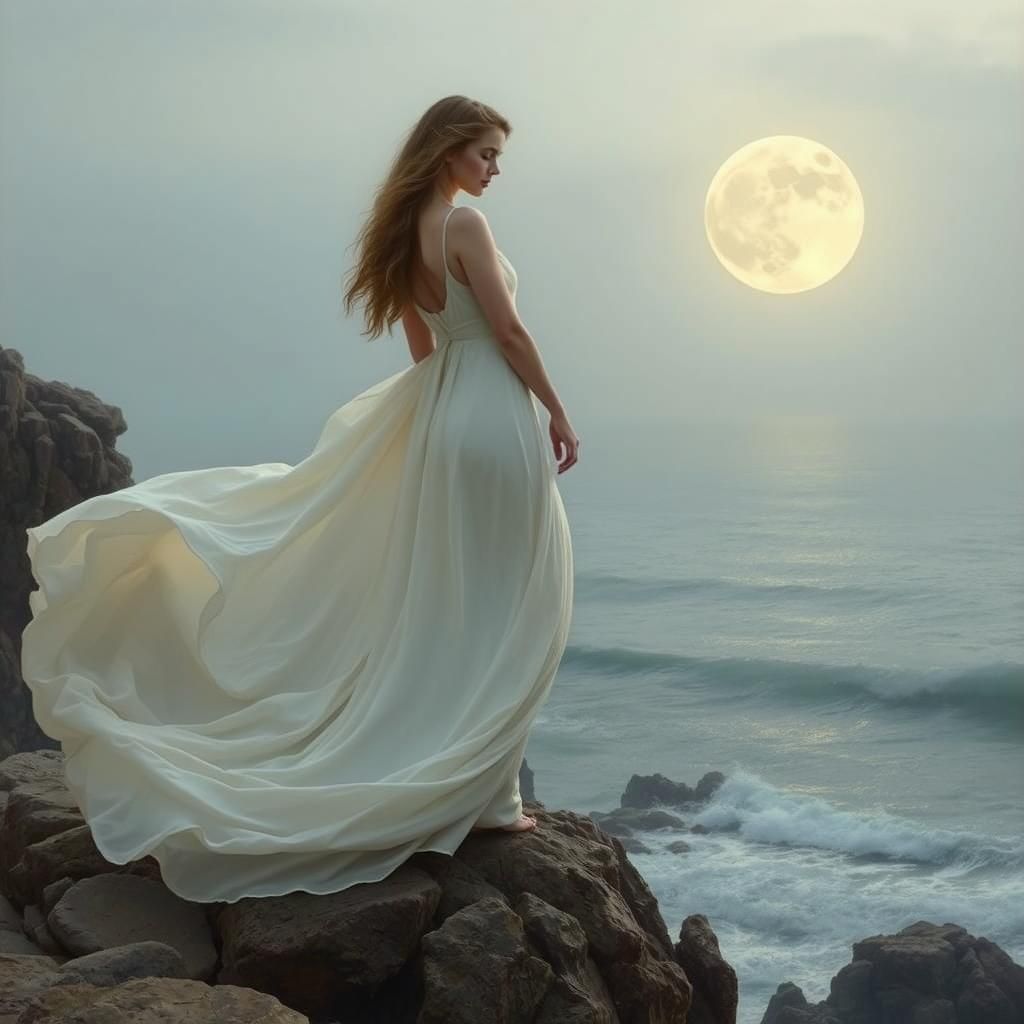 Moonlit Contemplation: A Woman in Art Nouveau Style