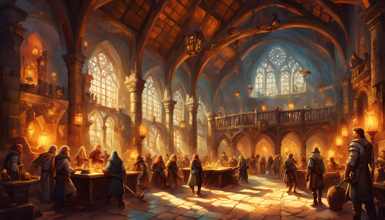 Fantasy Guild Hall: Vibrant Oil Painting