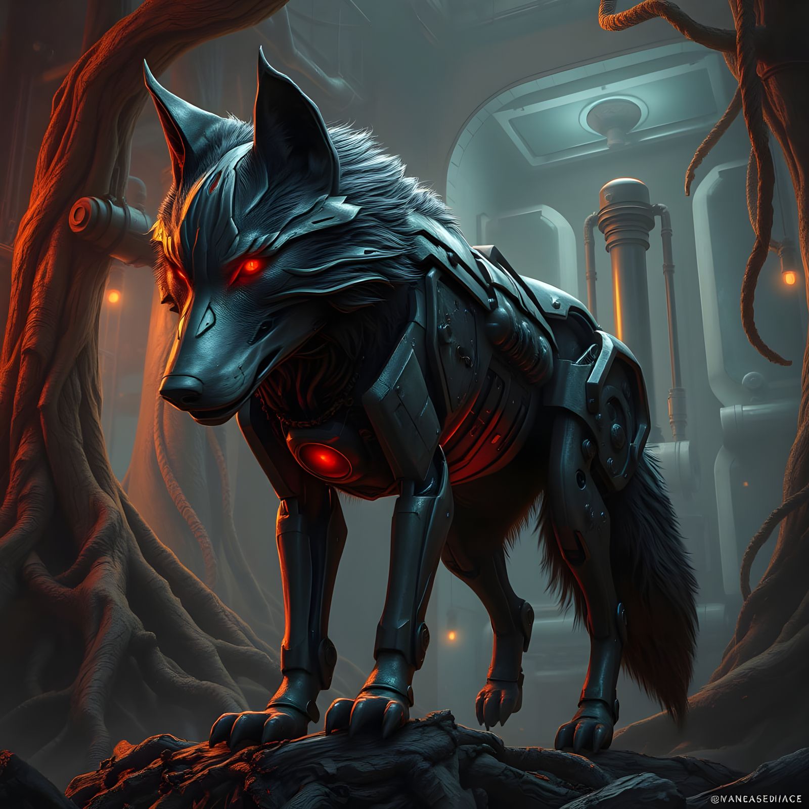 Cyber Wolf Emerges from Mysterious, Industrial Forest