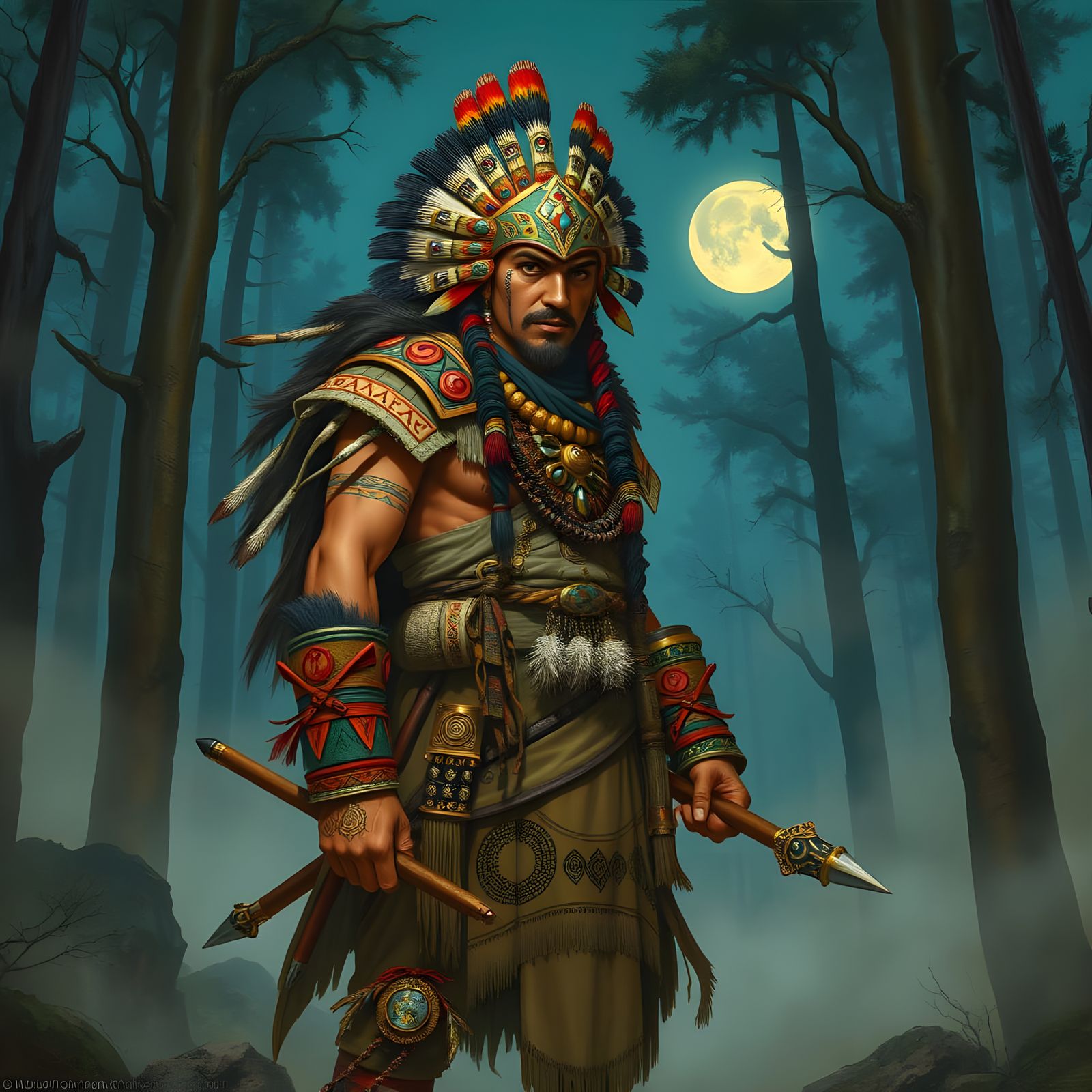Ornate Warrior in Moonlit Forest, Fantasy Art