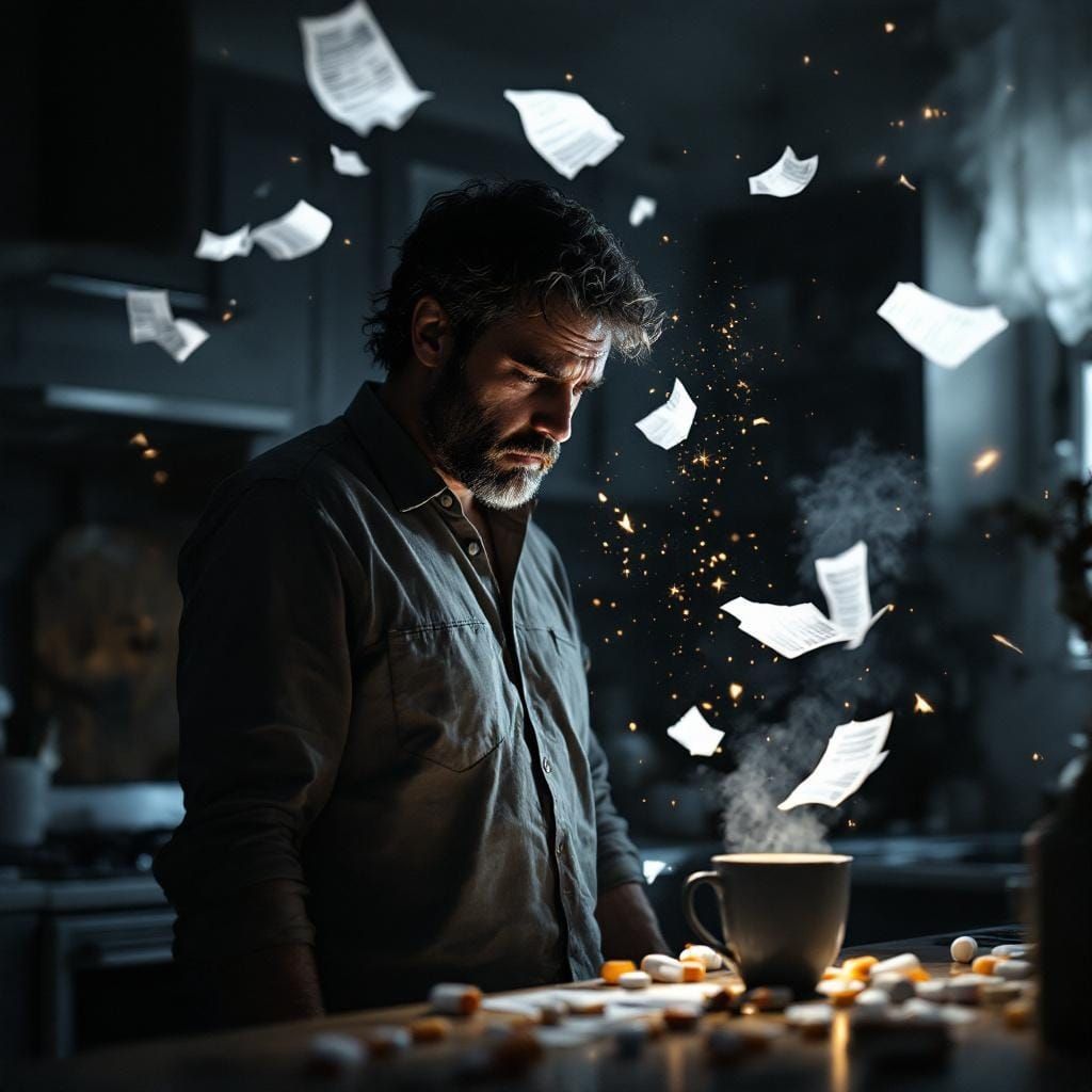 Weary Man Amidst Floating Bills in Surreal Style