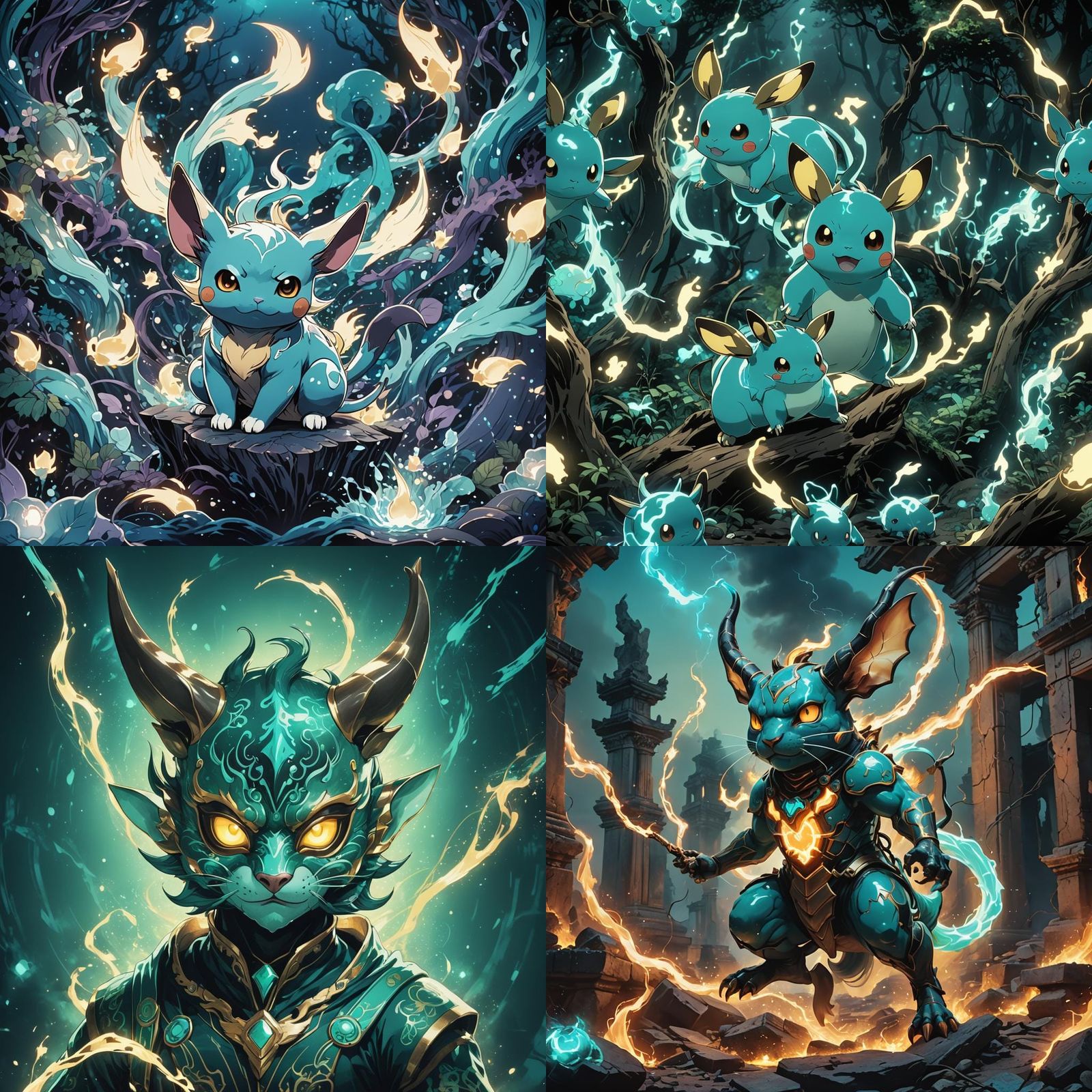 Bioluminescent Teal Raichu in Anime Style