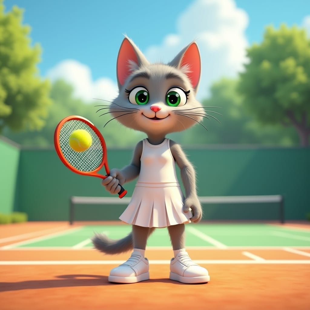 Vibrant Cat Tennis Star in 3D Cartoon Style