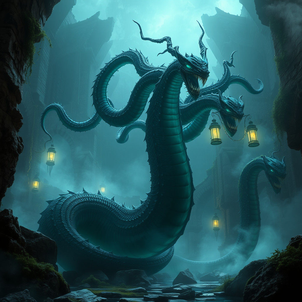 Bioluminescent Black Hydra in Mystical Ruins