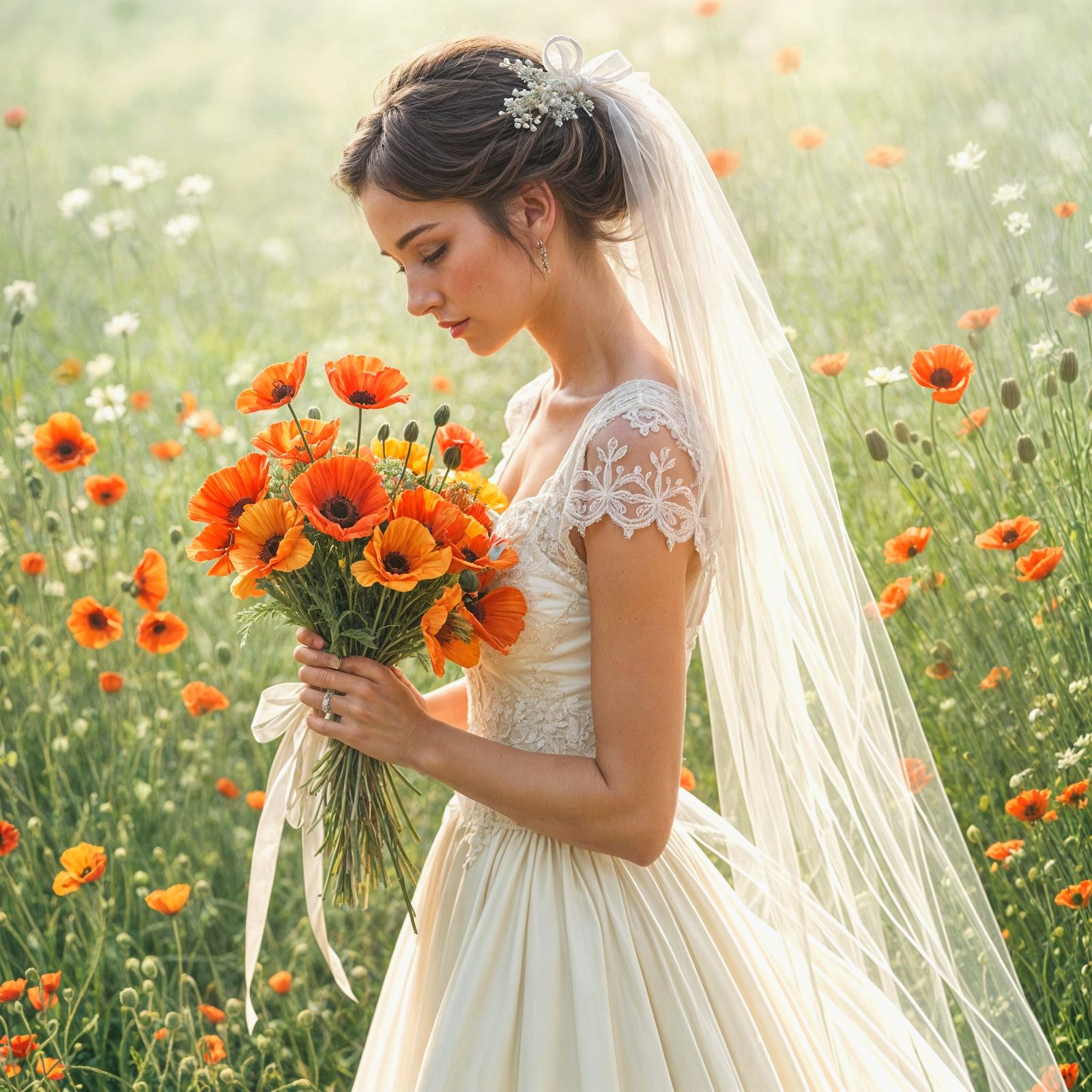 Romantic Bride in a Bouquet of Vibrant Poppies