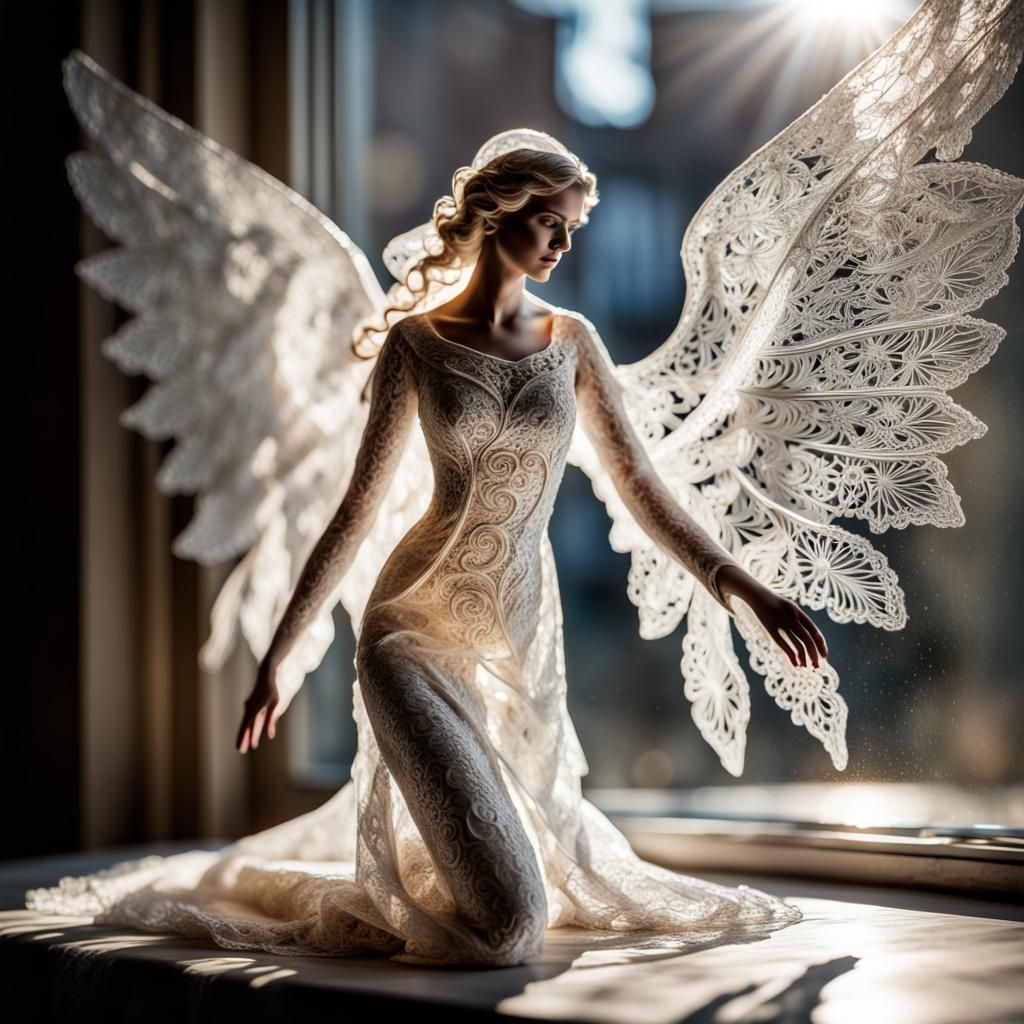 Glass Angel Sculpture with Sparkling White Lace