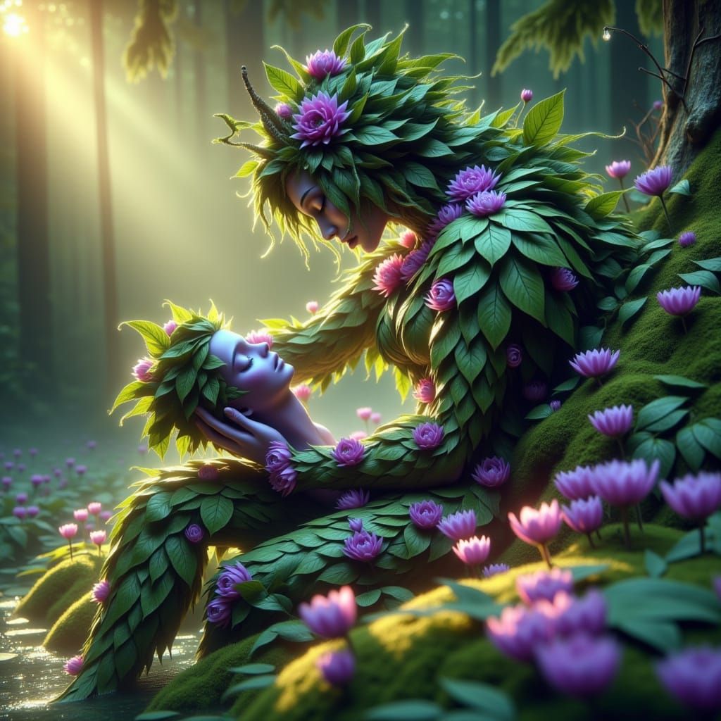 Whimsical Leafy Beings in Enchanted Forest