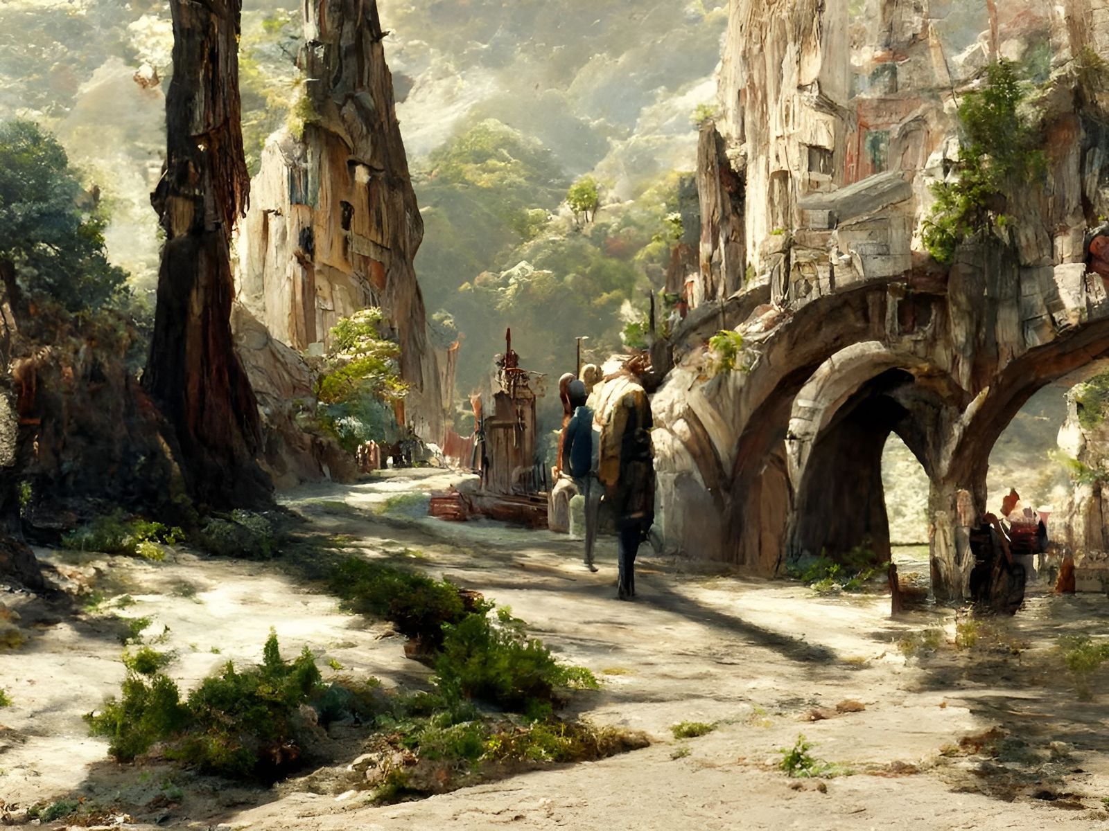 Rivendell Street Scene as Detailed Oil Painting
