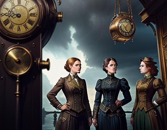 Steampunk Women in Time Machine: Cinematic Digital Art