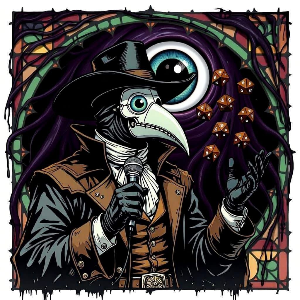 Plague Doctor Cowboy Singing with Dice in Stained Glass Styl...