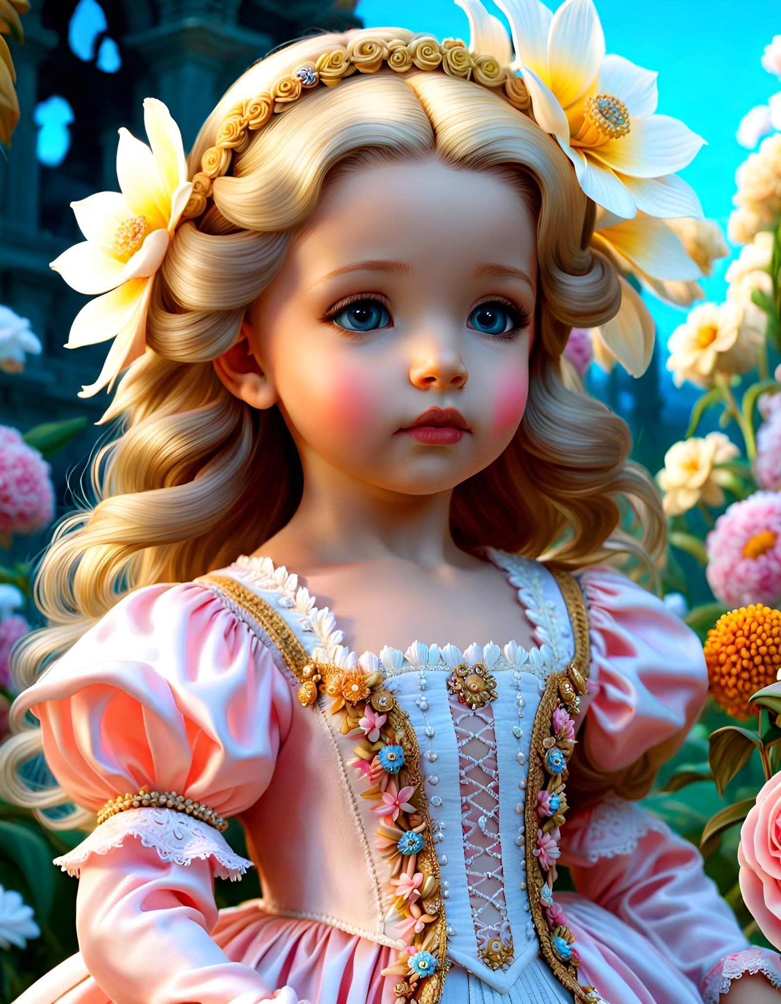 Baby Girl with Doll in Flower Garden, Rococo Style