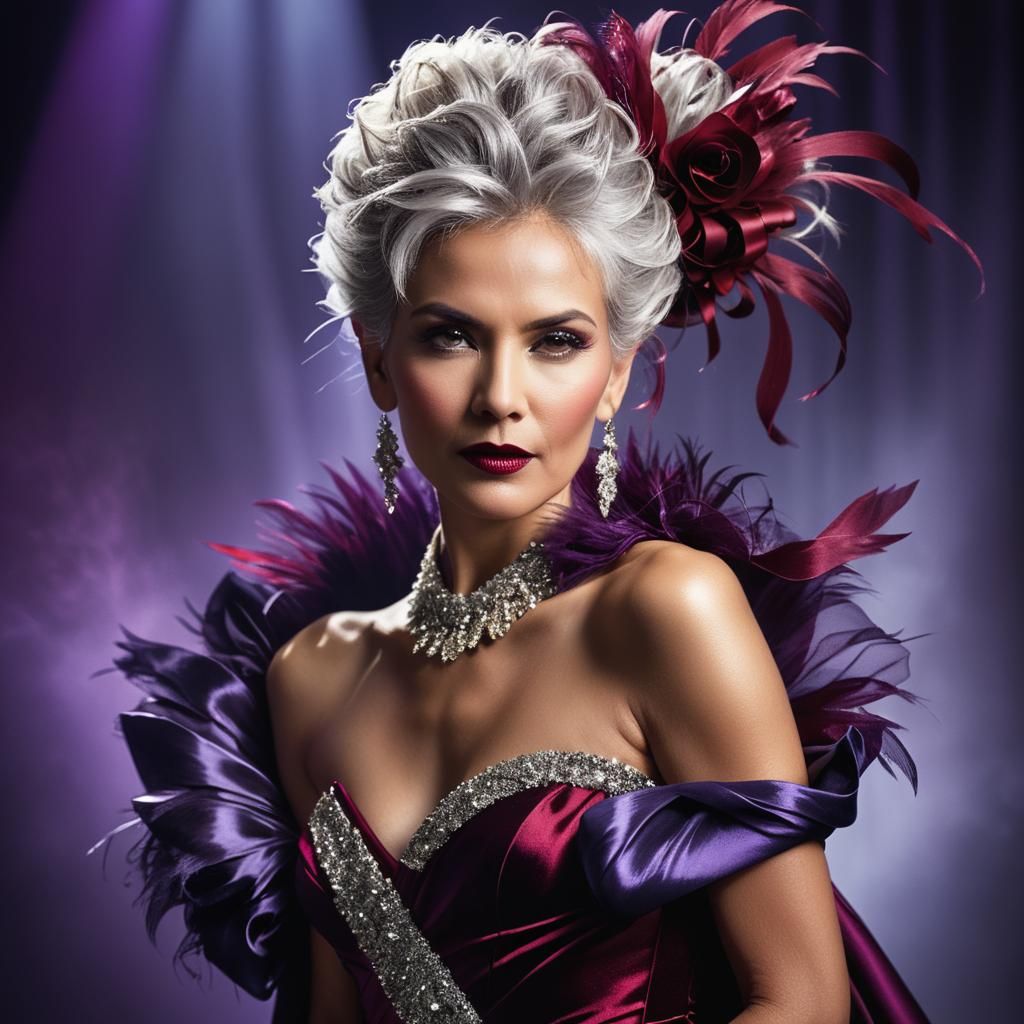 Glamorous Silver-Haired Performer in Red Gown
