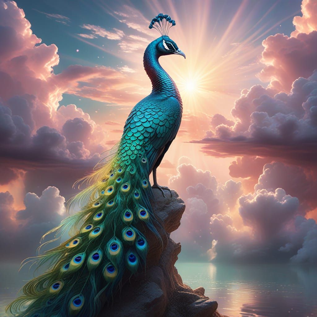 Dreamy Mermaid-Peacock Hybrid in Heavenly Clouds