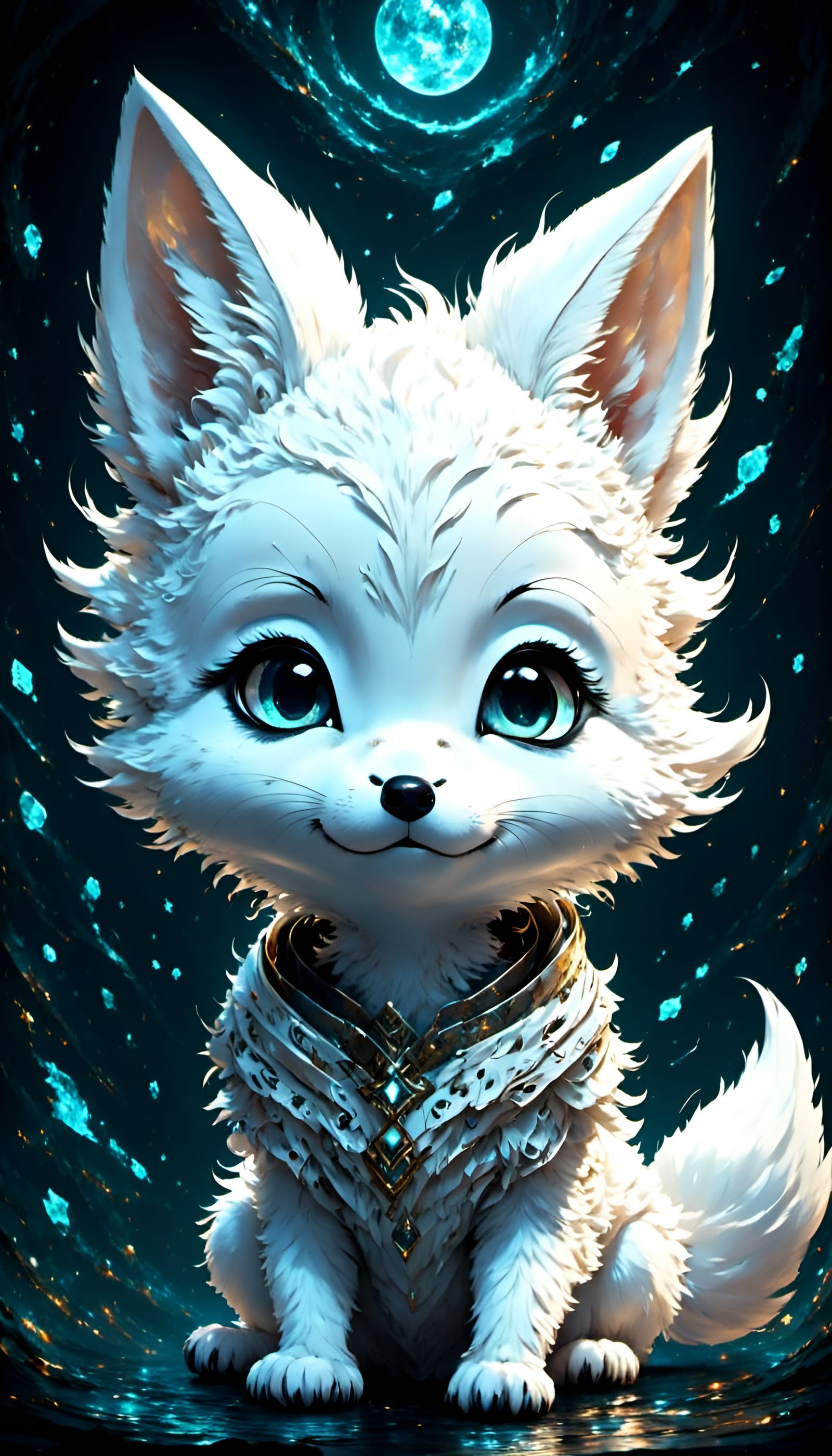 Adorable White Fox Chibi in Starry Night