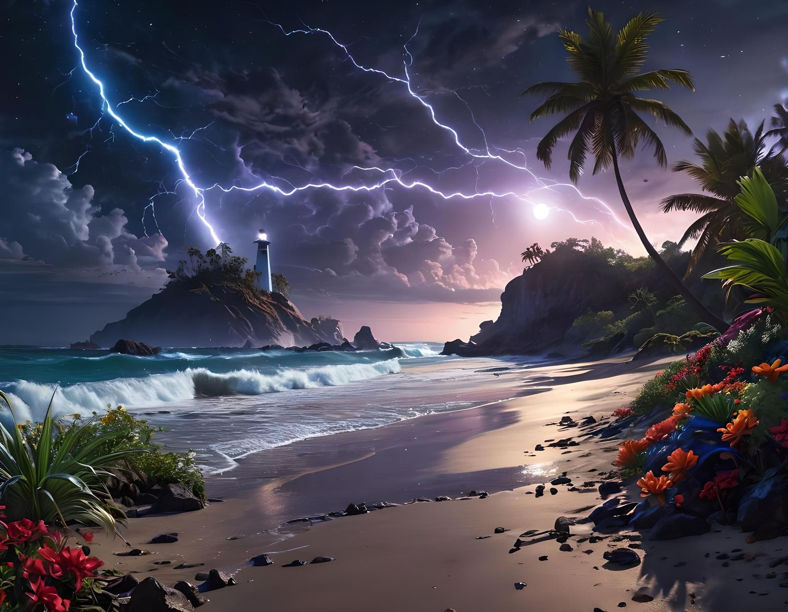 Dramatic First Contact on a Vibrant Beach at Night