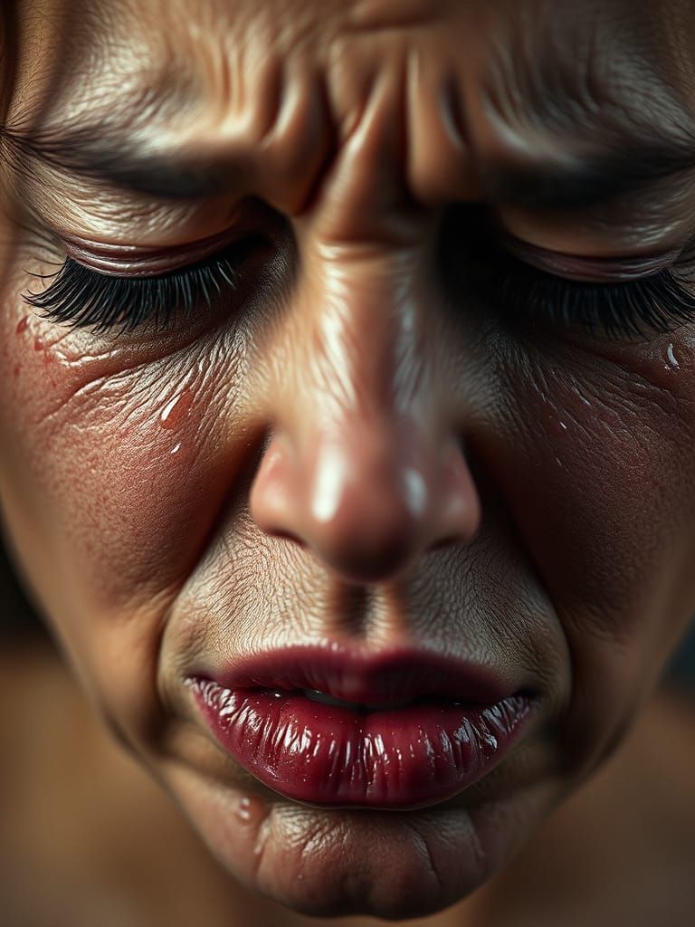 Distressed Woman's Portrait with Tears, Hyper-realistic Deta...