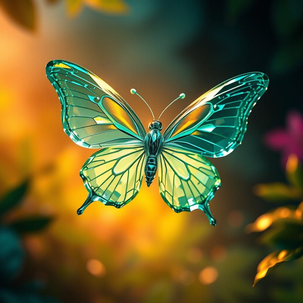 Crystal Emerald Butterfly in Hyperrealistic, Dreamlike Setti...