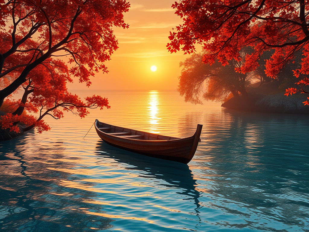 Lagoon Sunset: Boat Amidst Warm Hues