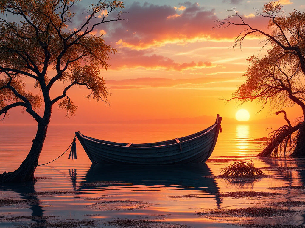 Tranquil Sunset Lagoon with Drifting Boat