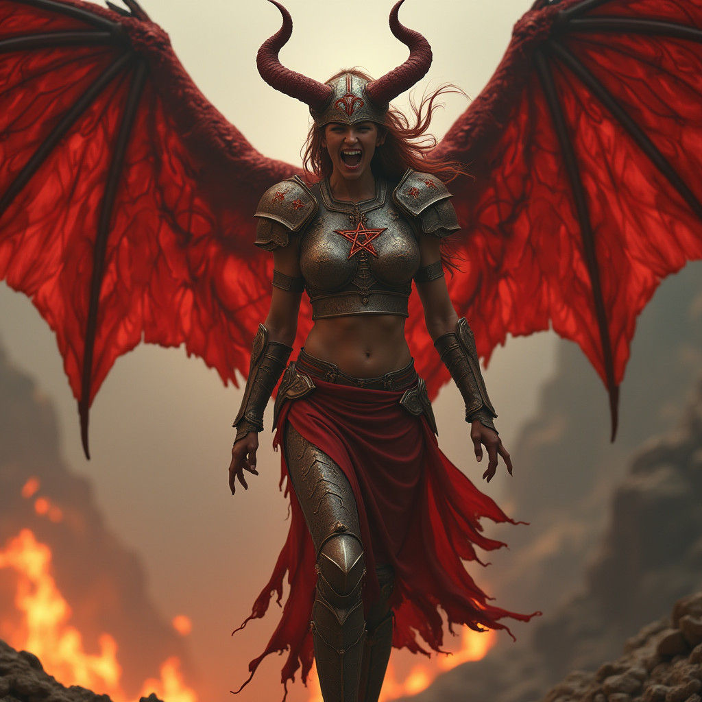 Winged Warrior Woman Ascends Above Hellscape