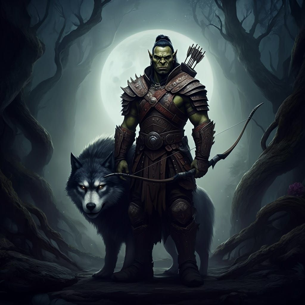 Majestic Dark Grey-Green Orc Beastmaster in Moonlit Forest