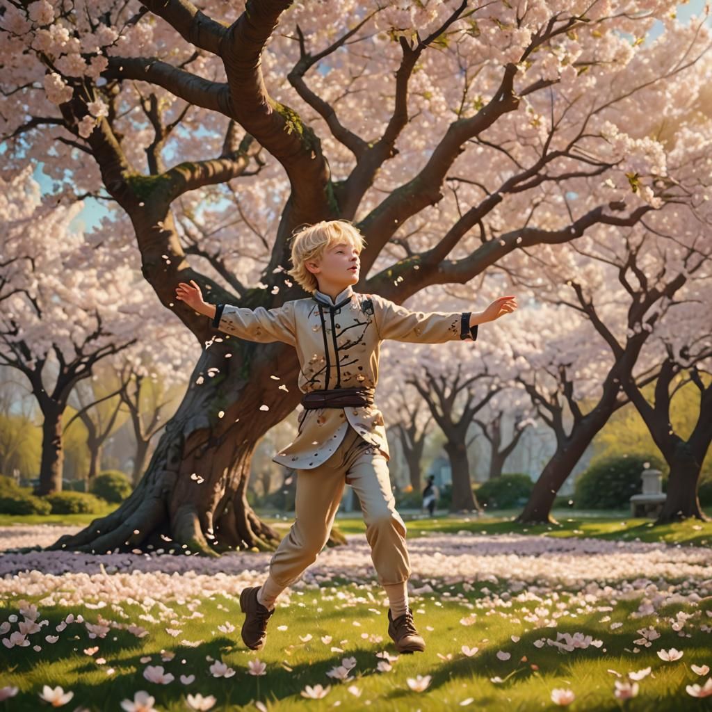 Blond Boy in Cherry Blossom Garden: Fantasy Art