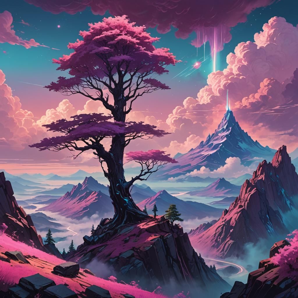 Mystical Tree on Mountain Peak: Fantasy Landscape