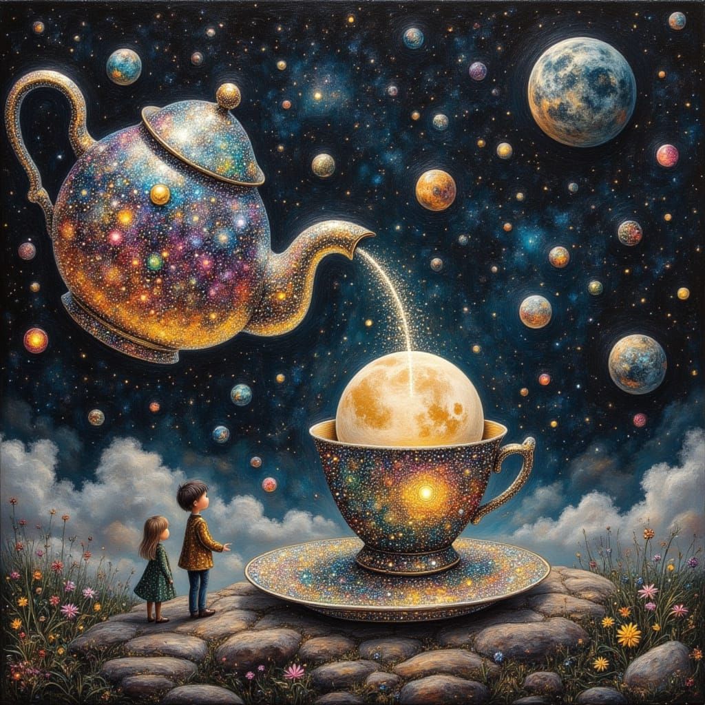 Giant Teapot Pours Stardust into Moon Teacup