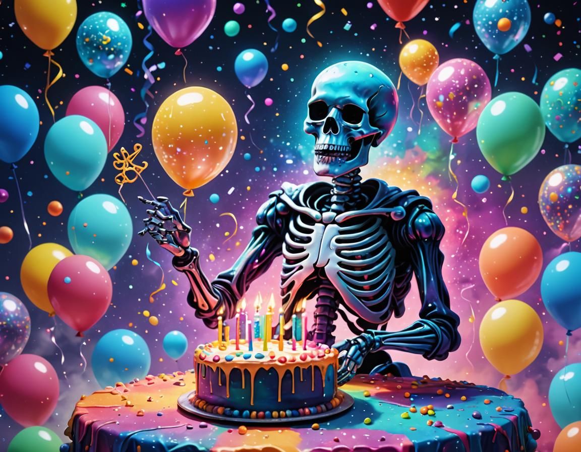 Cosmic Skeleton Celebrates Birthday in Celestial Dreamscape