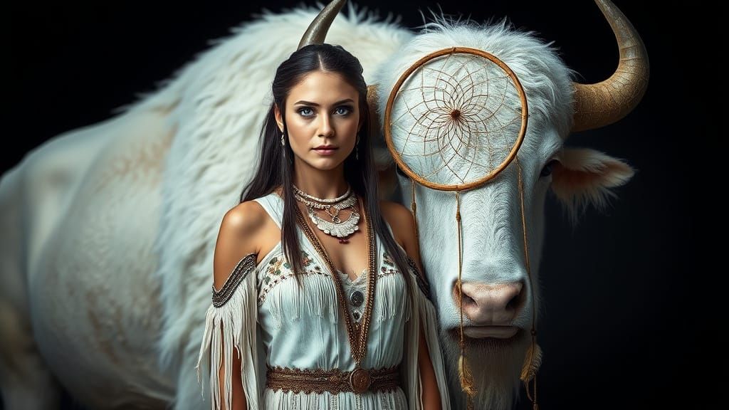Regal Native American Woman and Majestic White Buffalo in Et...
