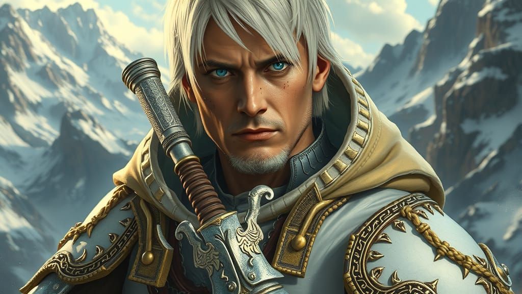 Fantasy Warrior in White and Gold Armor