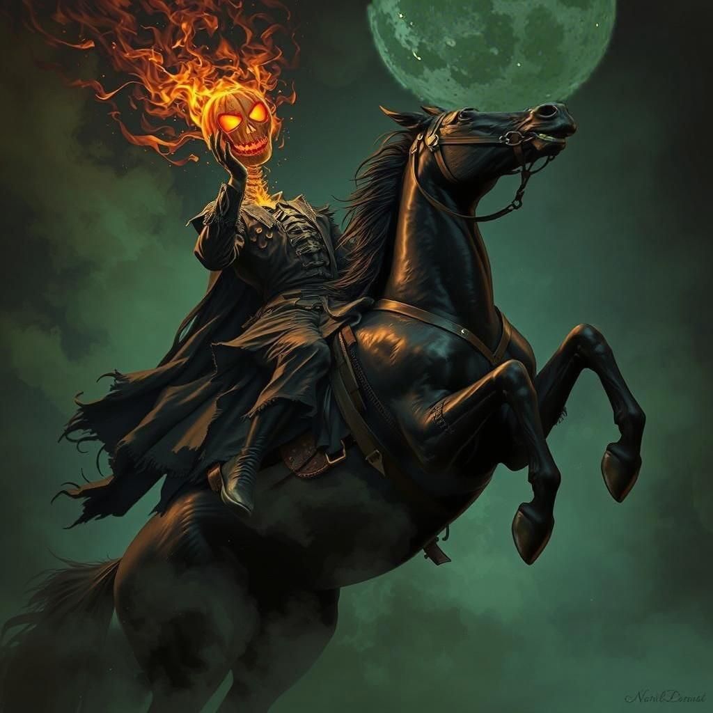 Gothic Headless Horseman with Glowing Pumpkin