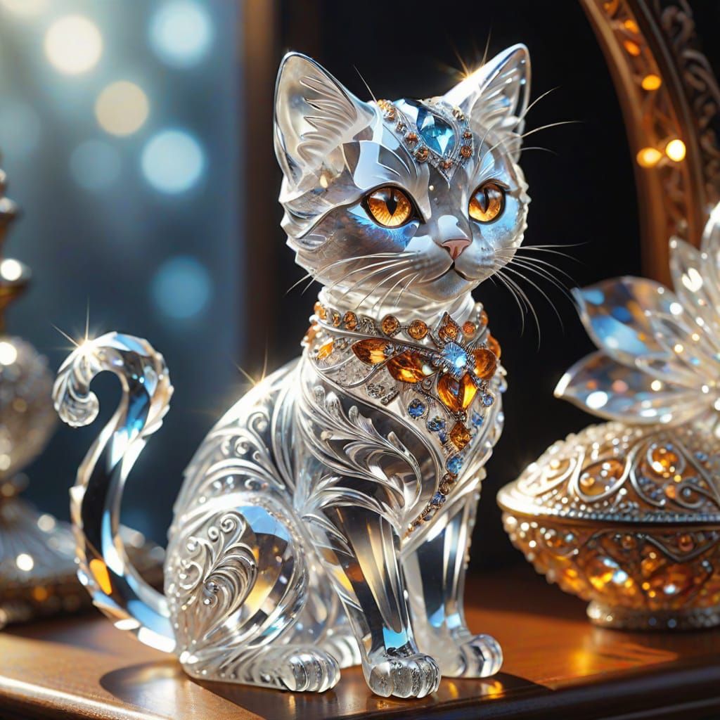 Sparkling Crystal Cat Figurine with Magical Light