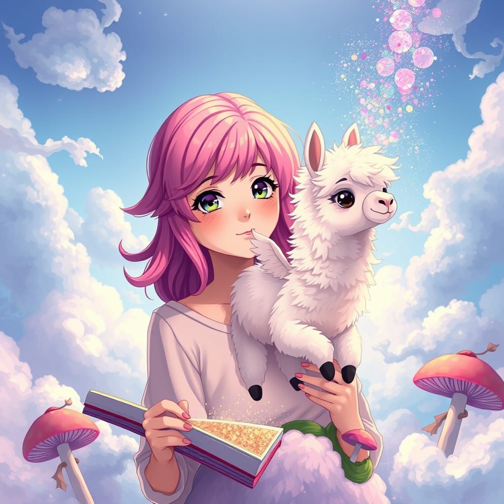 Pink-Haired Woman Draws Winged Llama into Reality