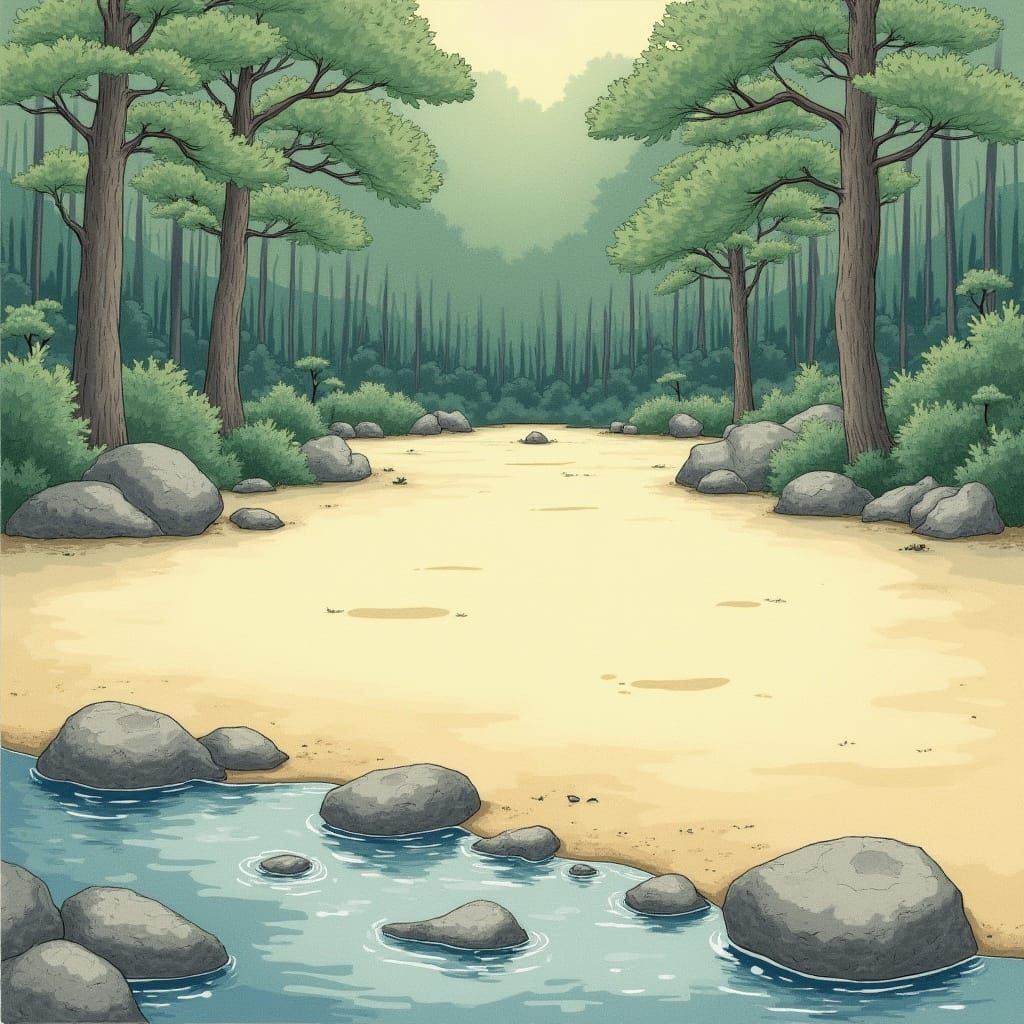 Tranquil Japanese Garden Zen Sand Garden Ukiyo-e Style
