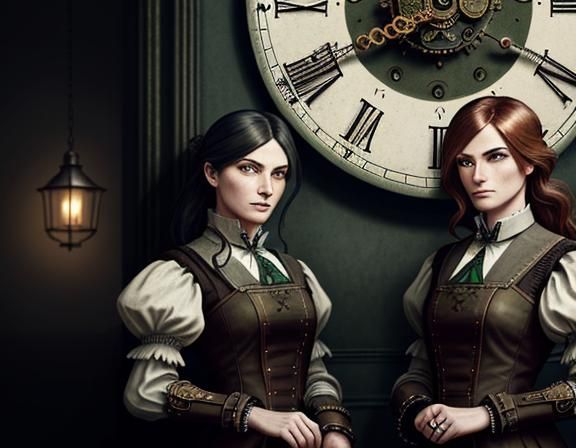 Steampunk Twins in Time Machine: Dark Fantasy Art