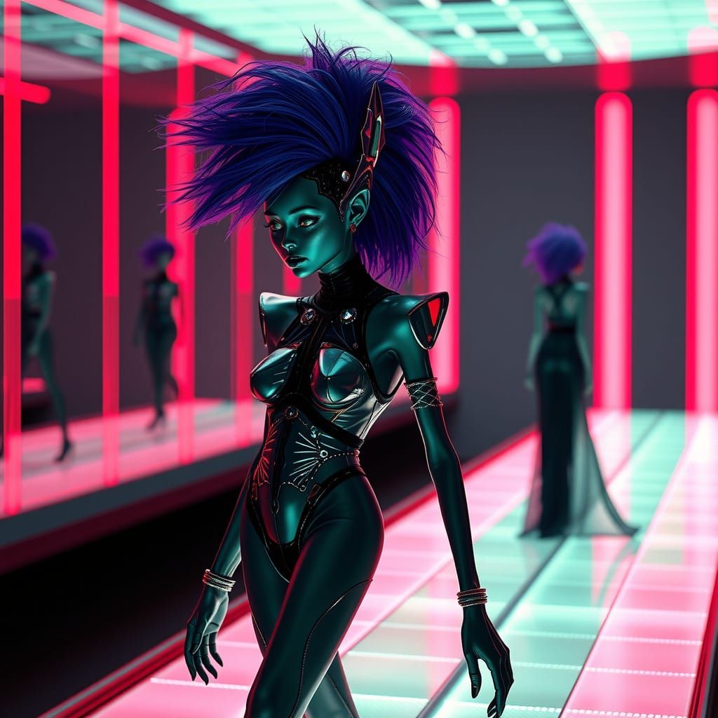 Surreal Futuristic Fashion Show with an Alien Model in Cyber...