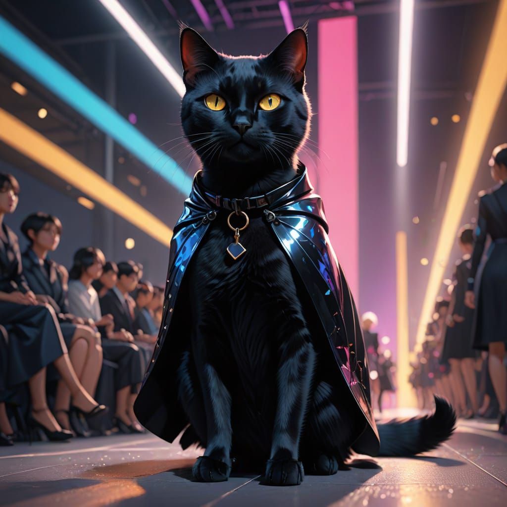 Black Cat Struts Down the Runway in Vibrant Spotlight