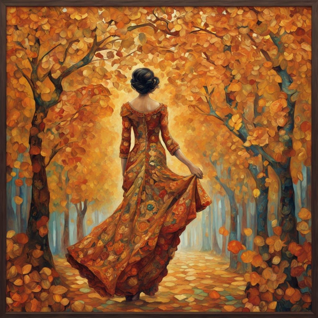 Expressionist Autumn Forest Walk in Art Nouveau Style