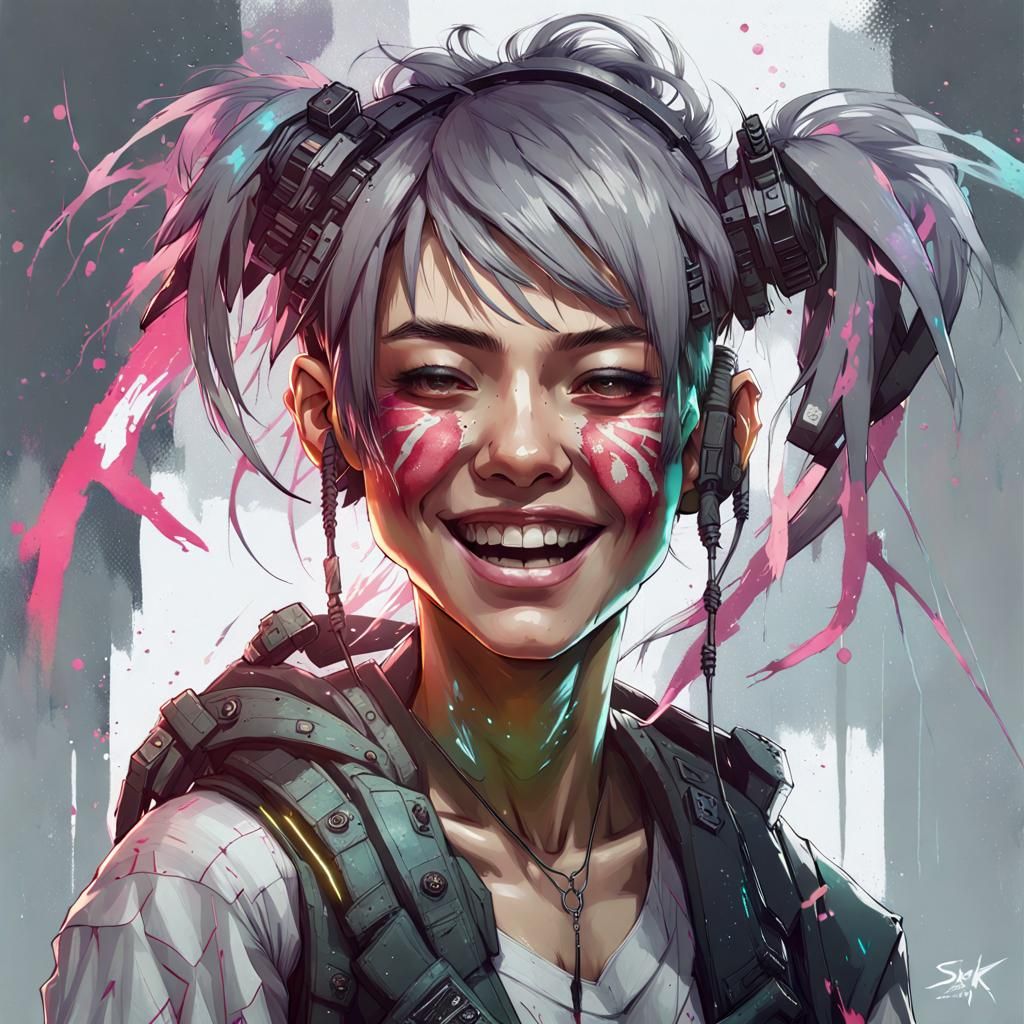 Laughing Cyberpunk Girl Portrait in Digital Art Style