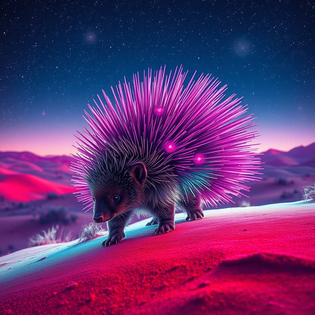 Cosmic Neon Desert Porcupine in Surreal Style