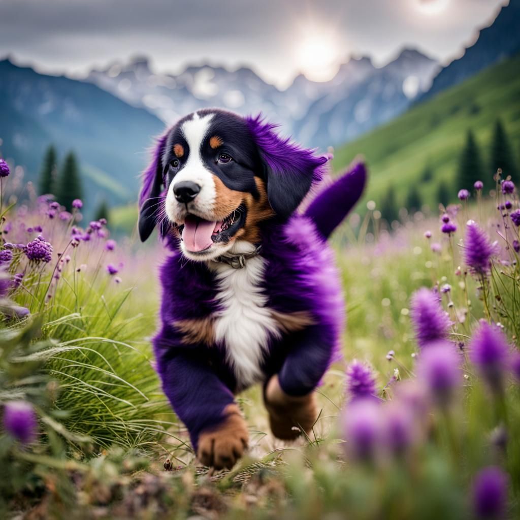 Purple Bernese Puppy Running in Mountain Meadow