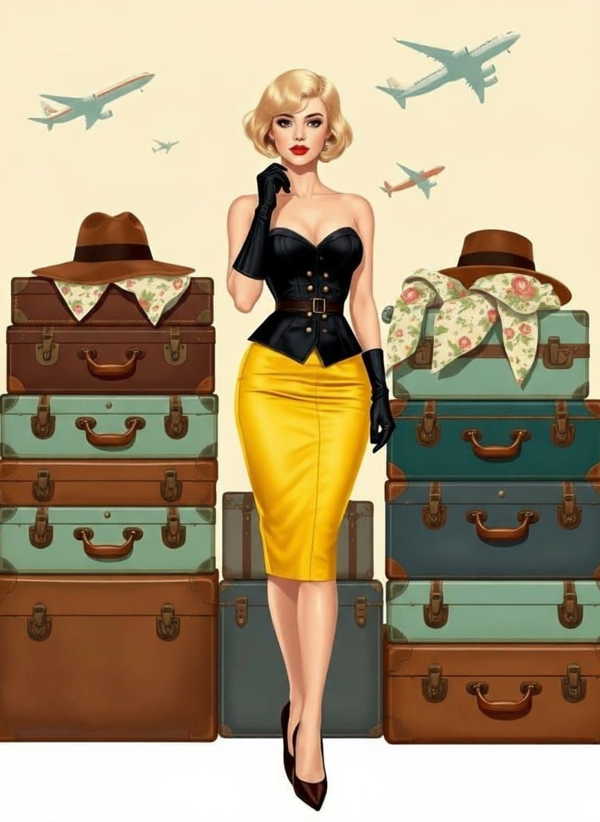 Glamorous 1950s Pin-Up Woman with Vintage Luggage