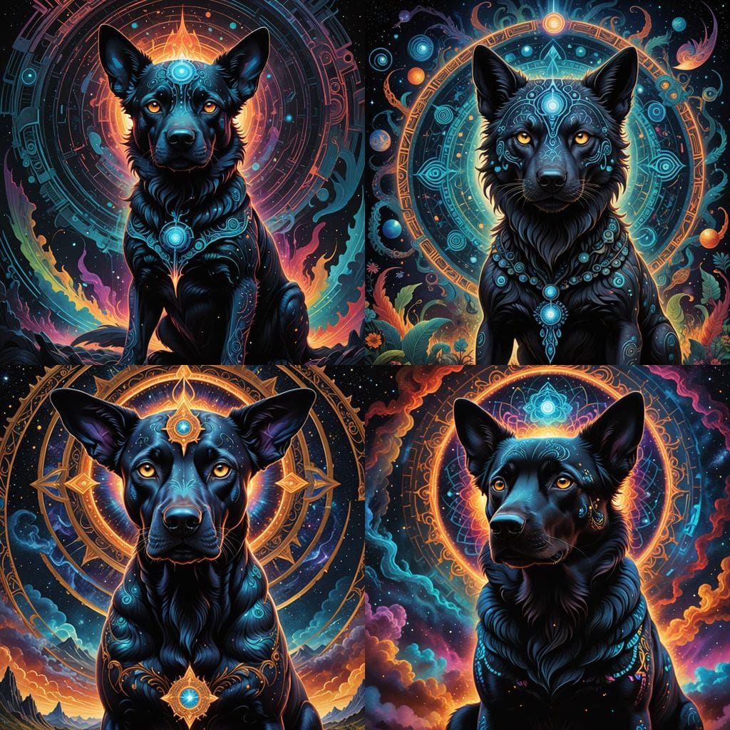 Surreal Black Dog with Glowing Third Eye in Cosmic Art