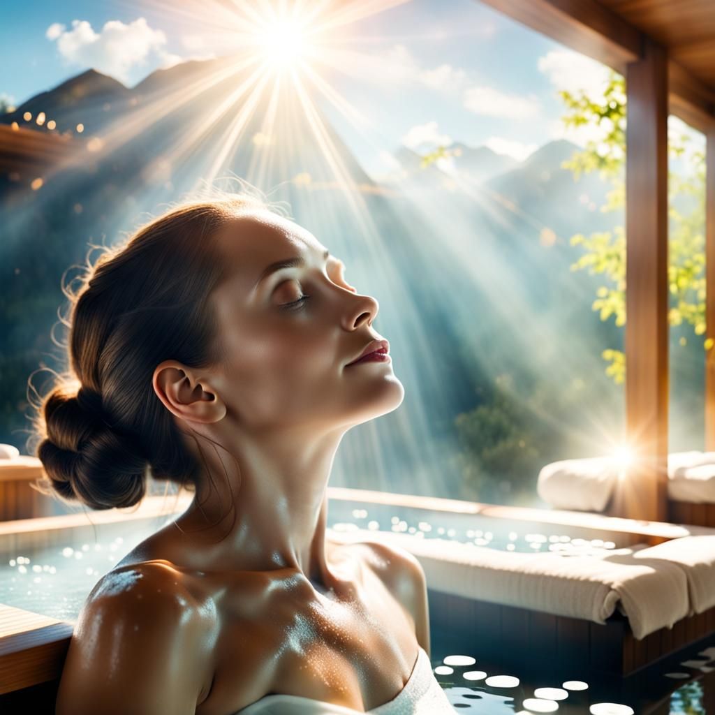 Woman in Spa with Heavenly Sunlight