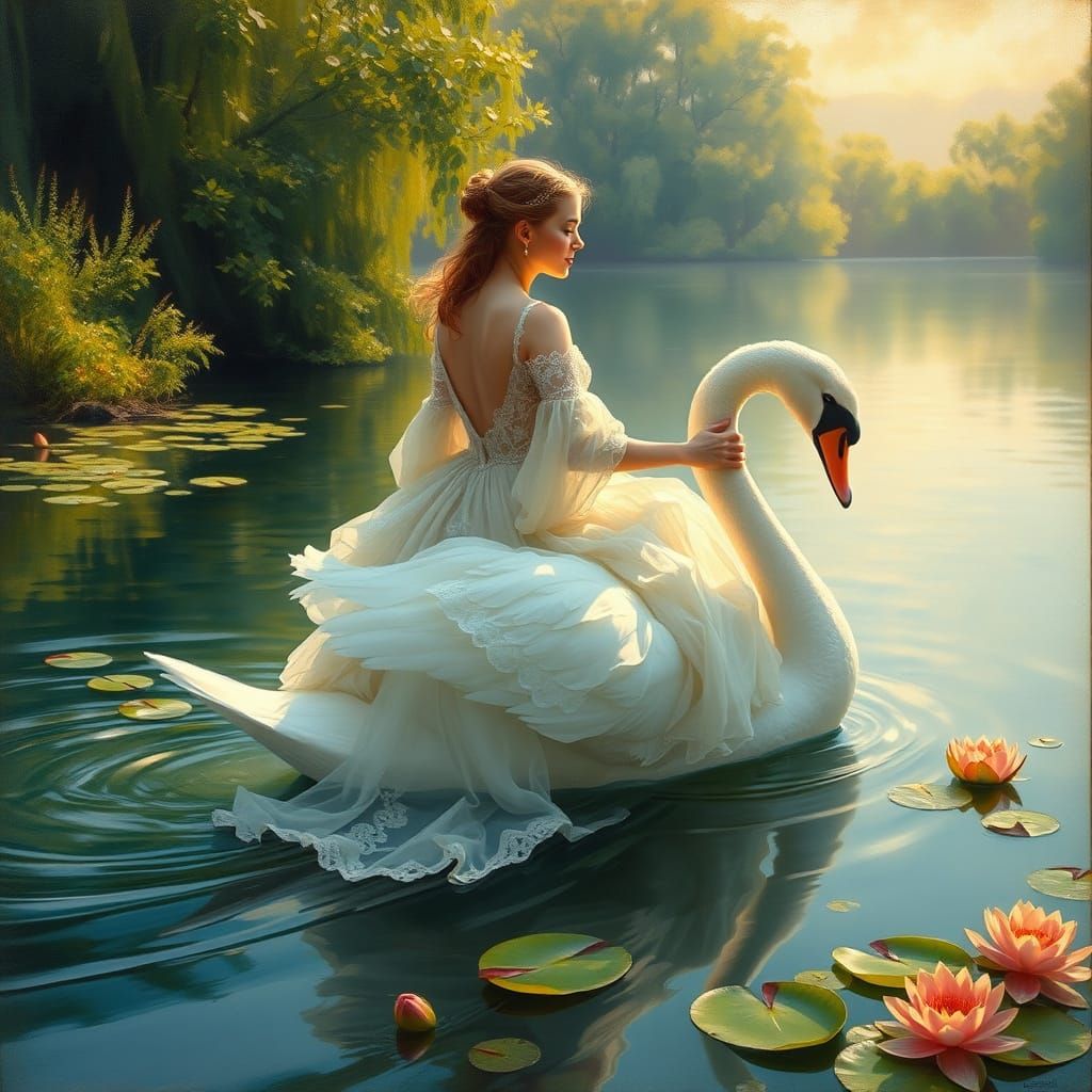 Woman Riding Swan in Enchanted Landscape with Pre-Raphaelite...
