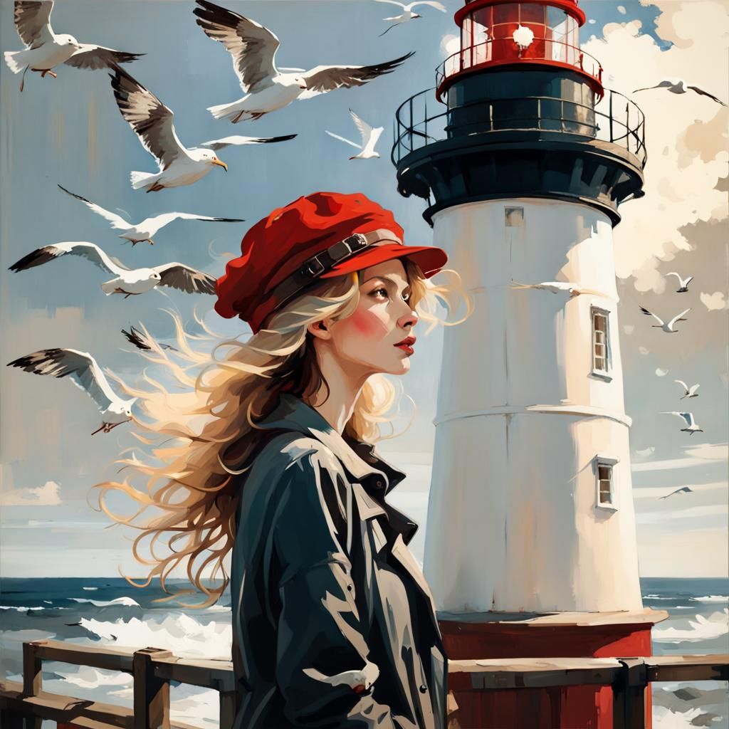 Woman on Lighthouse: Dreamlike Impressionistic Graffiti Art