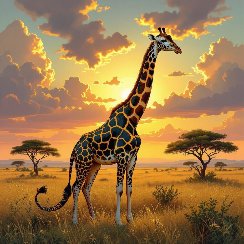 Giraffe-Snake Hybrid in Surreal Savanna Landscape
