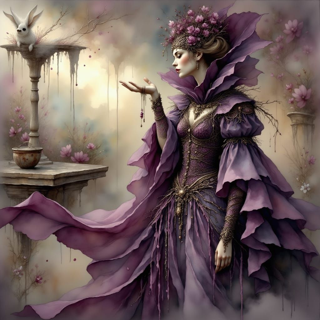 Mystical Woman in Dreamlike Landscape, Ink Art